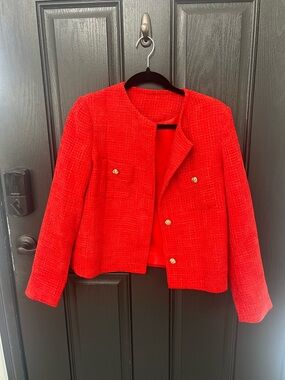 Amazon Red Tweed Collarless Women's Blazer with Gold Buttons